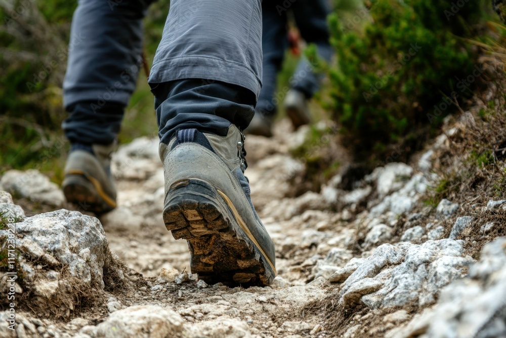 Poster Group of hikers navigate a rocky path in the mountains during an outdoor adventure in nature. Generative AI