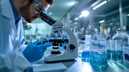 Scientist using microscope in modern lab, analyzing samples, research, science background, medical illustration