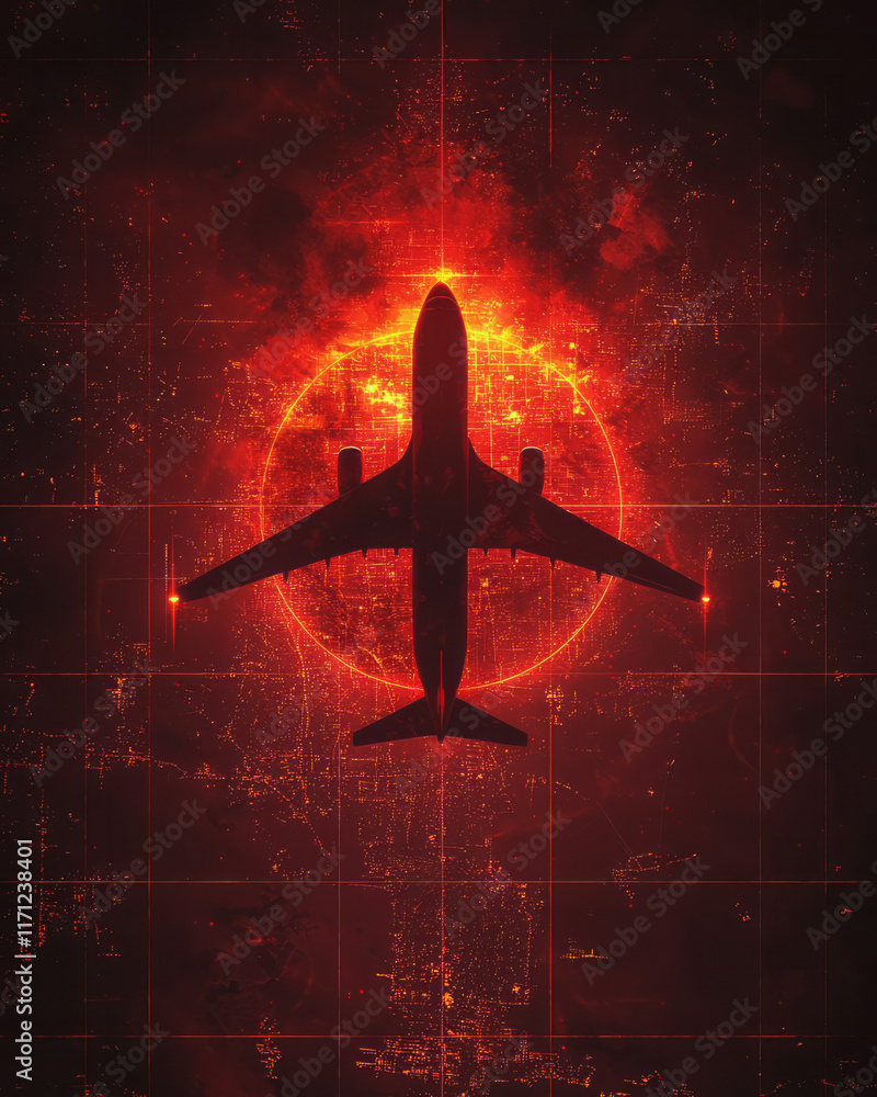 Poster a conceptual flight mode indicator with an airplane icon in a vibrant red circle,