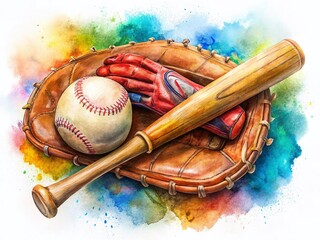 Watercolor Hand-Drawn Sports Equipment: Baseball Bat, Basketball Glove & Ball