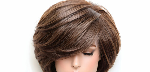 A realistic brown layered wig displayed on a white background for a natural look.