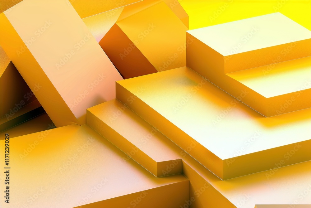 Poster abstract composition of yellow geometric shapes creating a vibrant 3d effect.