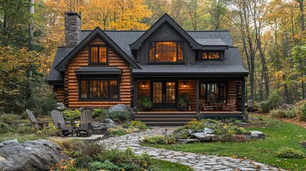 A countryside rustic home with log siding, a front porch with rocking chairs, and a stone pathway.