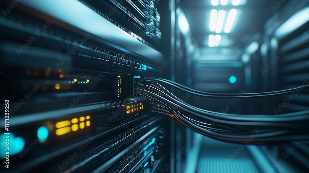 Poster modern data center with yellow cables connected to patch panel, close-up of network interface