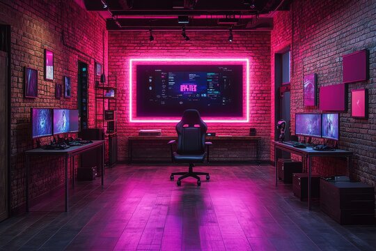 Esports gaming room with black chair, table, and monitors on purple neon background, professional gamer setup in dark studio.