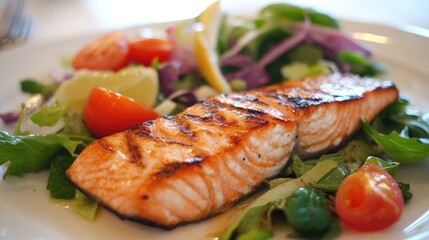 Grilled Salmon with Fresh Salad on White Plate