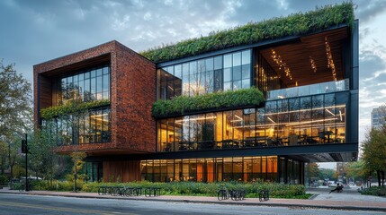 Obraz premium A coworking space building with a combination of brick, wood, and glass elements, complemented by bike racks and a green roof.