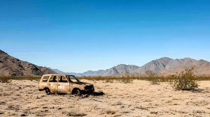 Rusty SUV abandoned in desert landscape, mountains background; illustrating isolation, travel, or adventure.