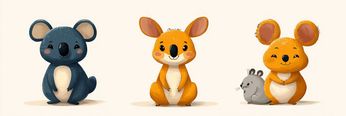 Cartoon-style kangaroo, koala, and platypus in earthy tones, each with minimalist shapes and friendly expressions,