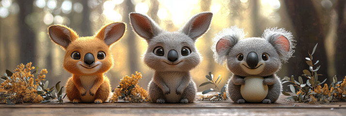 Cartoon-style kangaroo, koala, and platypus in earthy tones, each with minimalist shapes and friendly expressions,