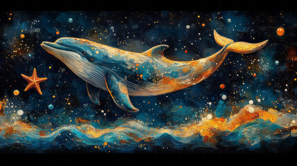 Obraz na płótnie Canvas A playful collection of a whale, dolphin, and starfish in oceanic colors, accented with tiny bubbles and waves,