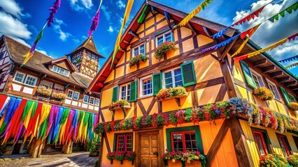 Obraz premium Whimsical Cartoon Wooden Ribbons & Banners Hanging on Rustic Architecture