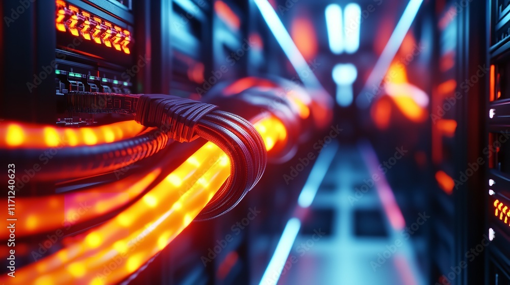 Poster modern data center with yellow cables connected to patch panel, close-up of network interface