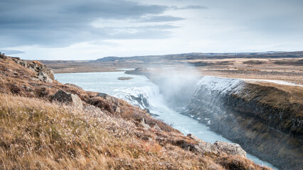 Gullfoss in October's scenery. Iceland's Most Popular Waterfall