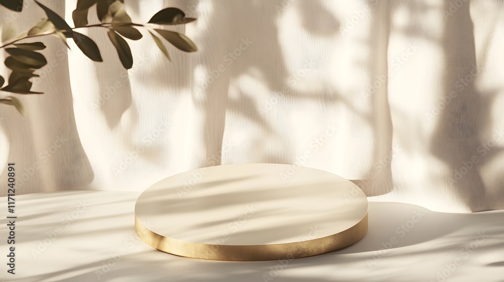 Poster elegant cream round display platform with leaf shadows