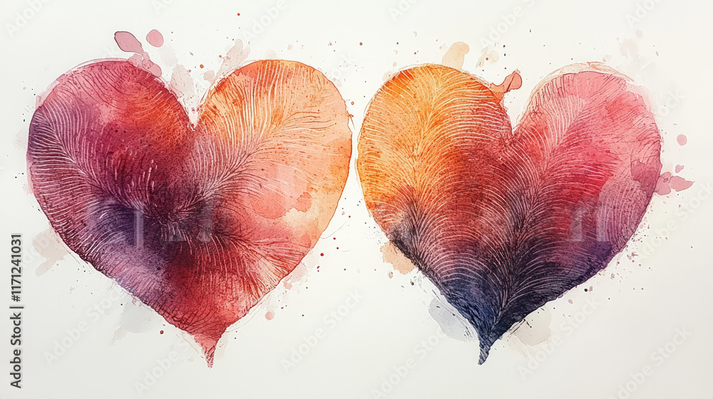 Poster a pair of interlocking hearts made from delicate fingerprint textures in muted red and pink tones on