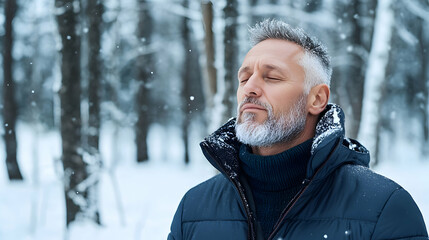 Serene man meditating snowy winter forest.