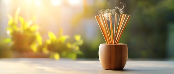 Fototapeta premium Wooden container filled with an arrangement of traditional fortune sticks offering a peaceful and meditative setup that captures the essence of Eastern spirituality and culture