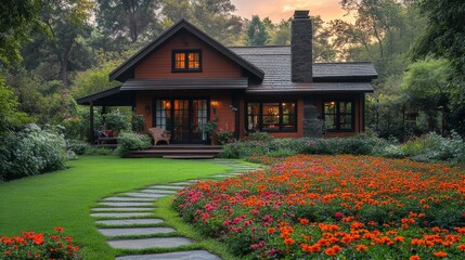 Obraz premium Cozy Craftsman house with blooming flower garden and stone path at sunset.