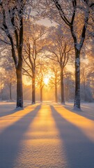Breathtaking Sunrise Through Snowy Trees: A Serene Winter Landscape, capturing the tranquil beauty of morning light and winter scenery in soft, golden hues.