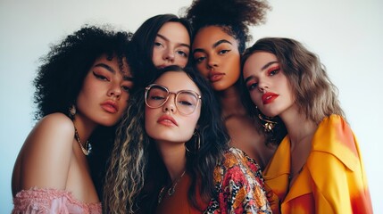 Obraz premium Diverse group of confident women posing together in stylish outfits for international women's day march 8 concept: empowered femininity and unity