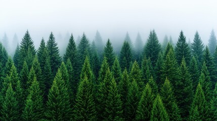 Fototapeta premium Lush green trees rise from the mist as fog drapes the mountains, creating a serene and tranquil atmosphere during sunrise