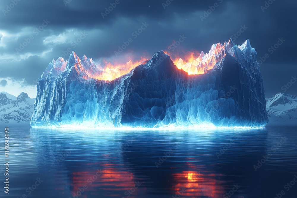 Poster a minimalist iceberg with sharp edges and a glowing blue base, floating on a white background to sym