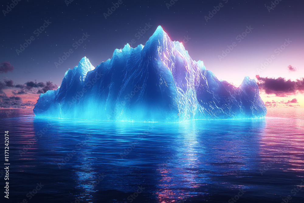 Poster a minimalist iceberg with sharp edges and a glowing blue base, floating on a white background to sym