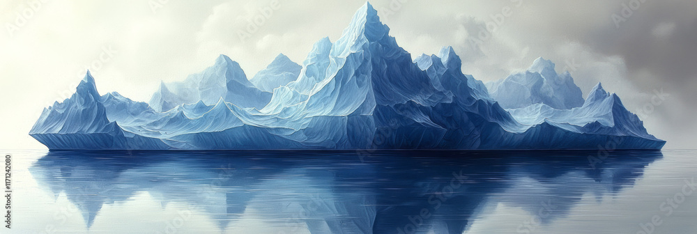 Poster a geometric iceberg with angular facets and a gradient blue color, resting on a clean white canvas,