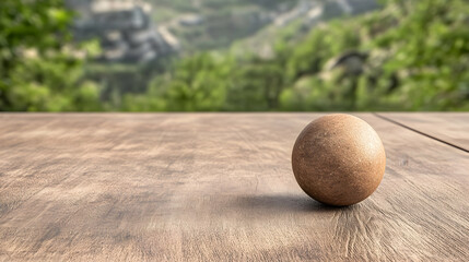 Single brown egg on wooden table, scenic mountain backdrop, food product photography.