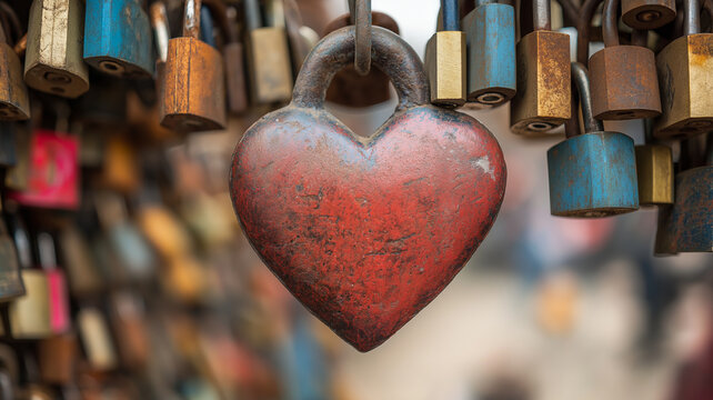 A close-up of a weathered heart-shaped lock surrounded by colorful padlocks on a fence, symbolizing love and commitment.