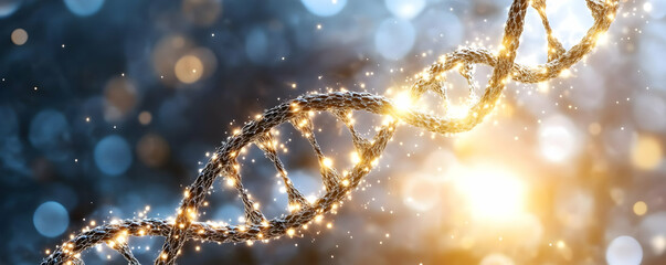Glowing DNA strand, science, genetic code, research, bokeh background, medical illustration