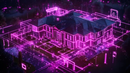 A digital rendering of a house outlined in glowing pink lines, showcasing architectural design.