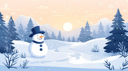 Snowman Winter Sunset Landscape Illustration.