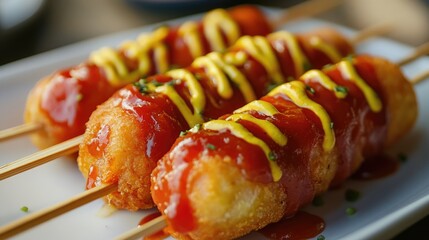 Close-up of Savory Deep-Fried Corn Dogs with Ketchup and Mustard