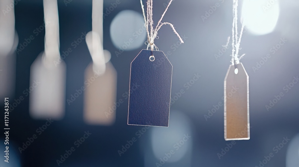 Poster artistic string motifs with merchandise tags studio setting photography soft lighting close-up viewp