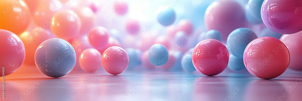 Poster minimalistic 3d rendering of smooth pastel-colored shapes floating against a white background,