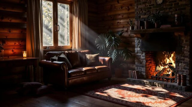 A beautifully appointed living room features a leather sofa, roaring fireplace and soft lighting, creating a tranquil atmosphere perfect for relaxation and comfort.