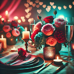 valentine's day, red roses, romantic decor, heart decorations, romantic candles, love background, bokeh lights, romantic flowers, red petals, valentine bouquet, love atmosphere, romantic setting, hear