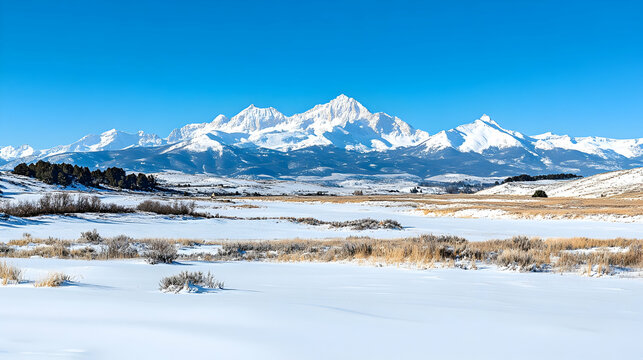 Snowy plains, majestic Sawatch Range, Colorado winter landscape, travel postcard.