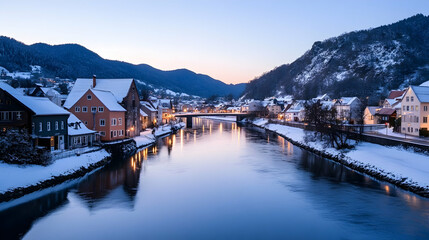 Snowy River Town Sunset, Alpine Valley, Winter Reflections, Tourism Brochure.