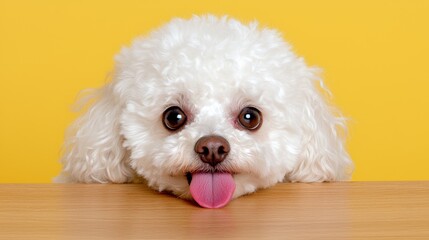 Curious Cavapoo With Tongue Out Against Bright Yellow Background