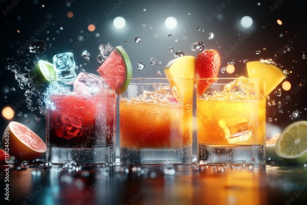 Aufkleber a 3d digital illustration of a juice glass with colorful layers, surrounded by glowing fruit slices 