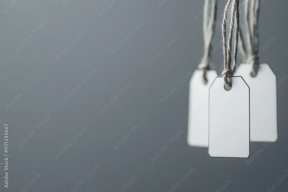 Poster premium merchandise display with looped string tags simple background product photography minimalist