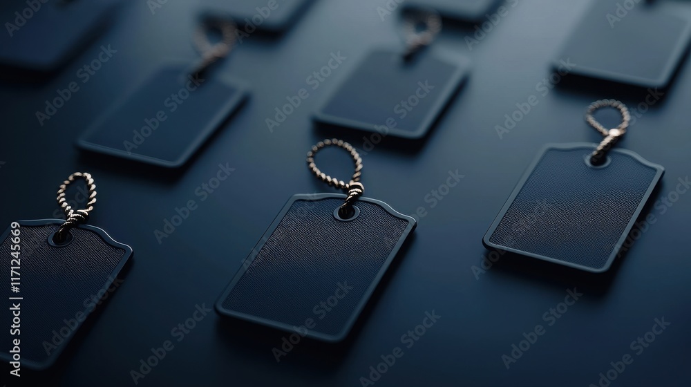 Poster premium merchandise display with hanging string tags on dark surface product photography studio envi