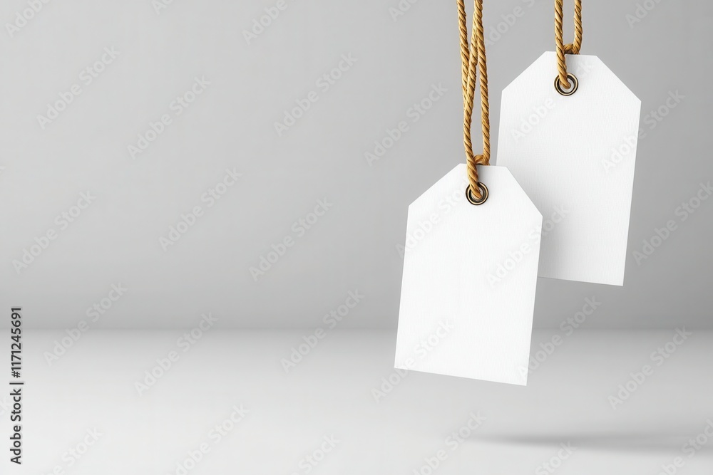 Poster premium merchandise with looped string tags and blank labels in minimalistic studio environment