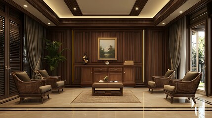 Luxurious wooden interior design with classic furniture and artwork.