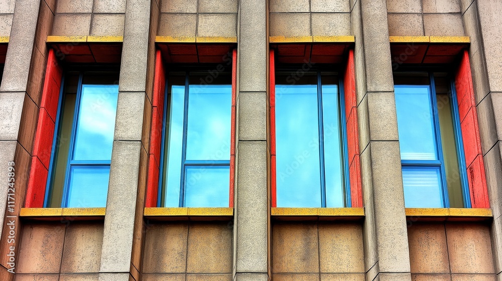 Poster modern building facade with colorful window frames and textured concrete walls.
