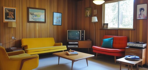 Retro living room with wooden walls, vintage furniture, and a classic television setup.