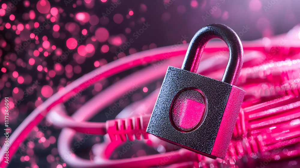Poster padlock secures network cables; bokeh background; data protection concept; website security illustra